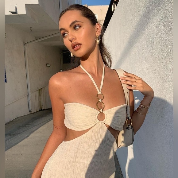 Savannah Morrow Dress Mina Open-Back Crinkled Cutout Halter Maxi Ivory L NWT - Picture 9 of 11